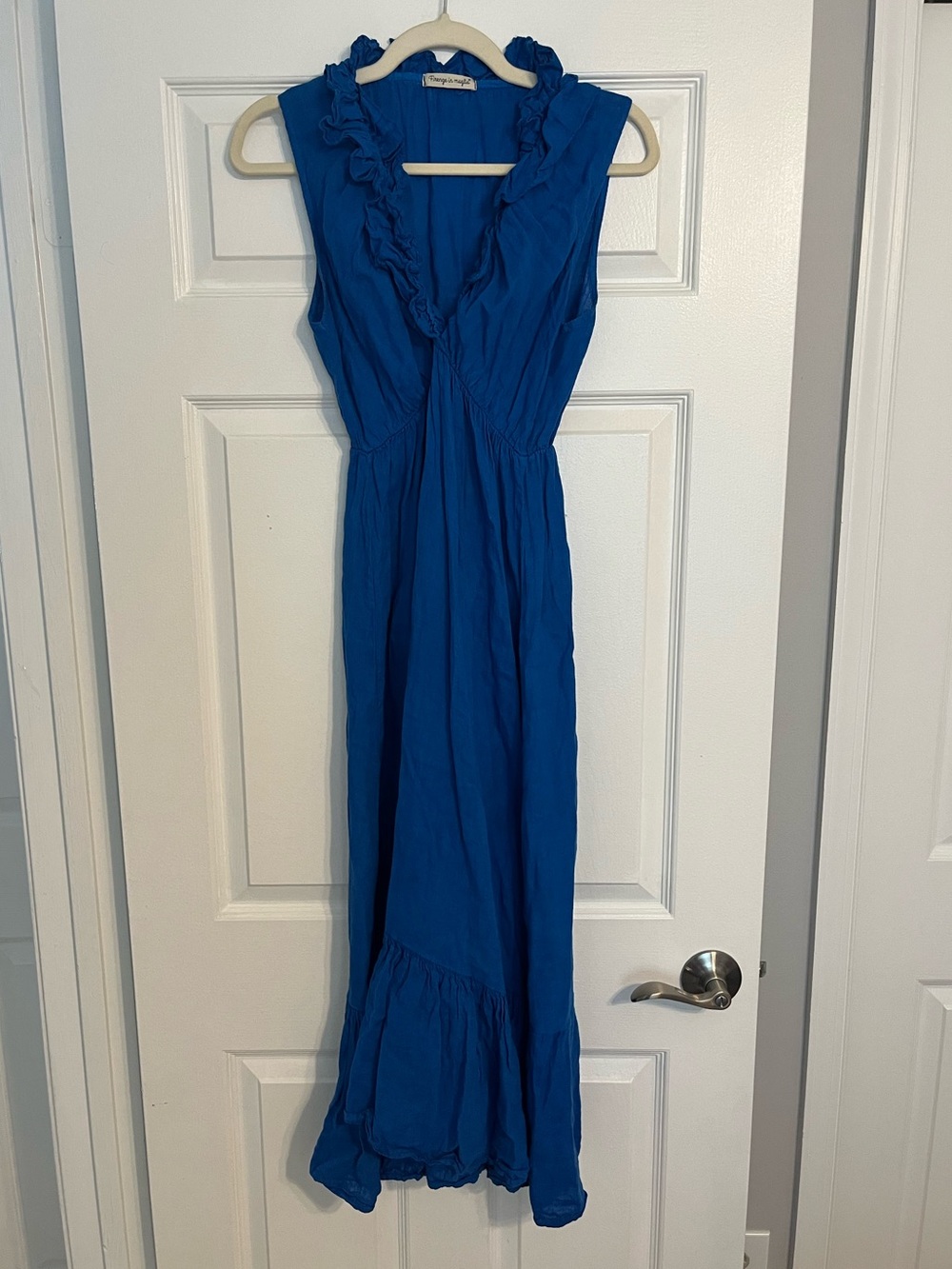 100% Linen Sleeveless Royal Blue Ruffle-Trim Maxi Dress